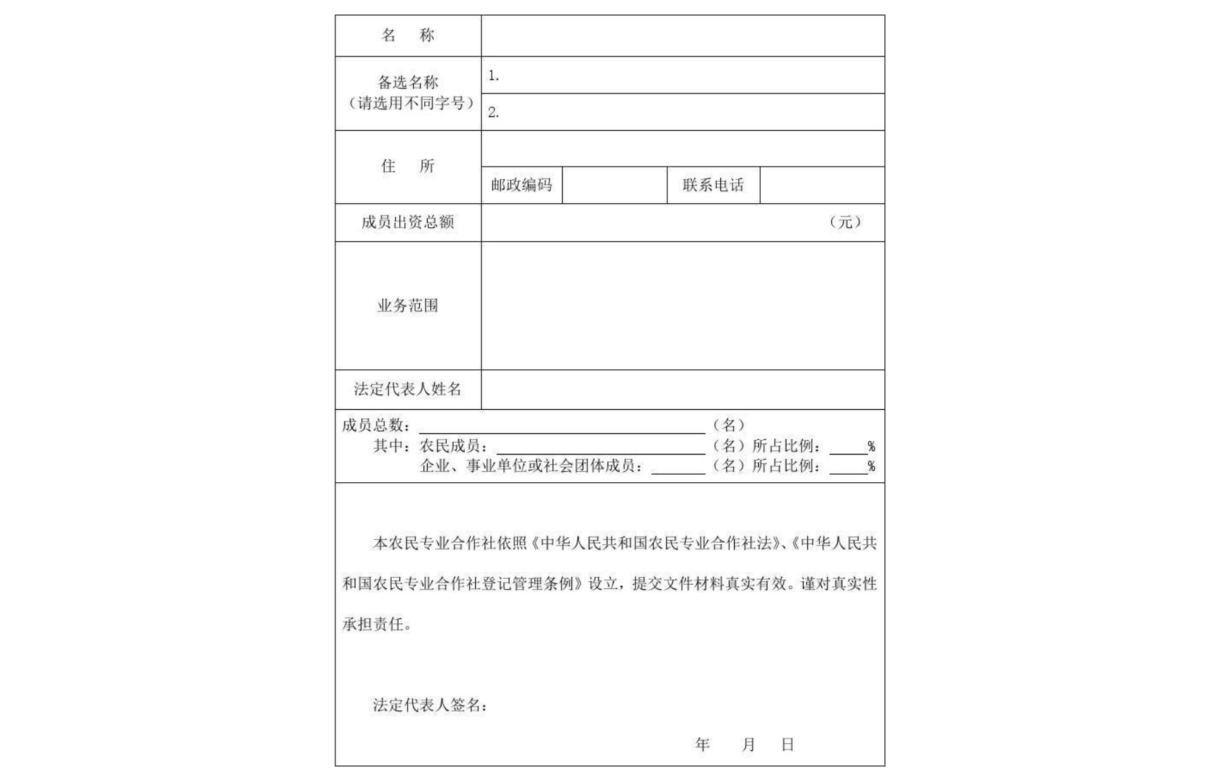 鄭州農(nóng)民專業(yè)合作社設立登記表模板